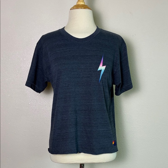 AVIATOR NATION Medium Charcoal Rainbow Revolve Bolt 2 Boyfriend Tee Crop Top - Picture 1 of 9